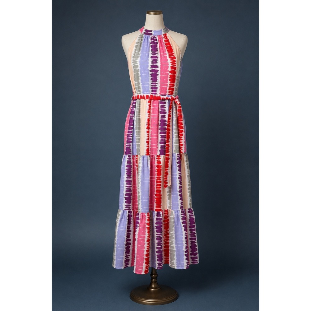 THML Maxi Dress Womens XS Halter Tiered Ikat Vacation Resortwear Colorful Cruise